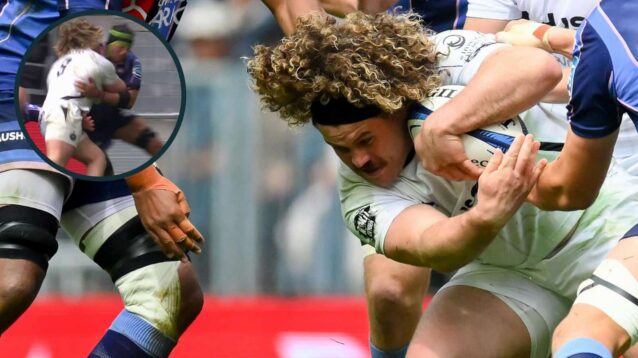 Bath number eight Alfie Barbeary and one of the high tackle incidents (inset) with Adam Coleman.