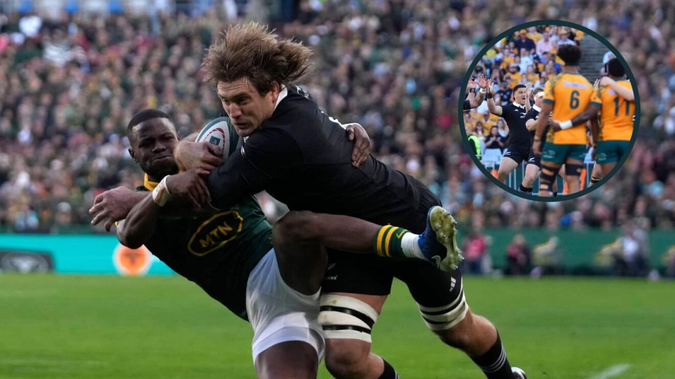 All Blacks flanker Ethan Blackadder and Springboks full-back Aphelele Fassi with an inset of Australia facing the Haka.