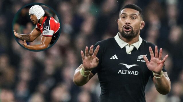 All Blacks flanker Ardie Savea and Crusaders hybrid player Leicester Fainga'anuku (inset).