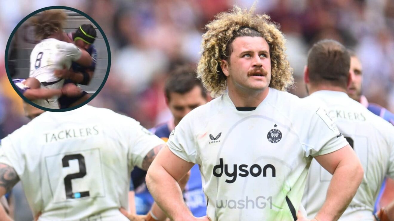 Bath's Alfie Barbeary and an inset of Bordeaux's Adam Coleman's tackle during the Champions Cup semi-final.