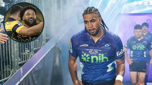Blues star Hoskins Sotutu and an inset of Hurricanes' Fehi Fineanganofo.