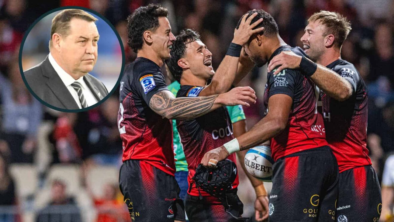 Crusaders players celebrate a try and an inset of ex-All Blacks head coach Sir Steve Hansen.