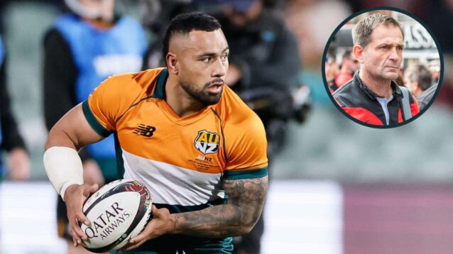 Former All Blacks centre Ngani Laumape and an inset of French coach Franck Azéma.