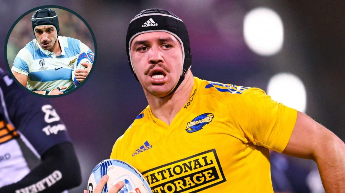 Hurricanes forward Devan Flanders and an inset of Los Pumas star Tomas Lavanini.