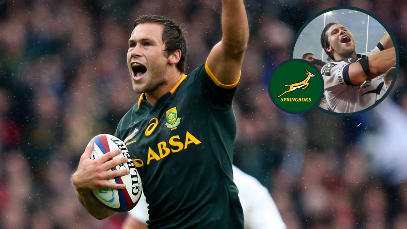 Jan Serfontein scorings for the Springboks against England in 2014 and an inset of him lifting the Top 14 trophy with Montpellier.