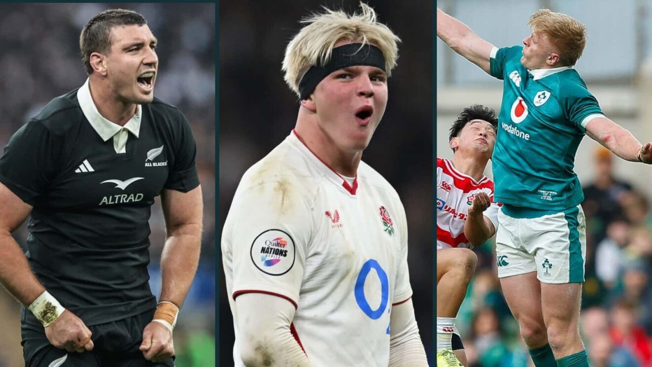 Simon Parker of the All Blacks (left), England's Henry Pollock (middle) and Ireland's Tommy O'Brien (right) in action in 2025.