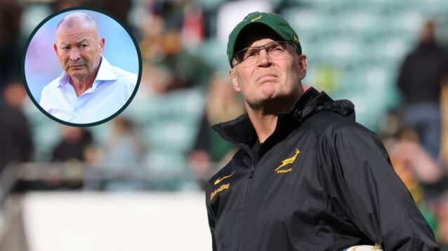 Springboks boss Rassie Erasmus and Japan head coach Eddie Jones (inset).