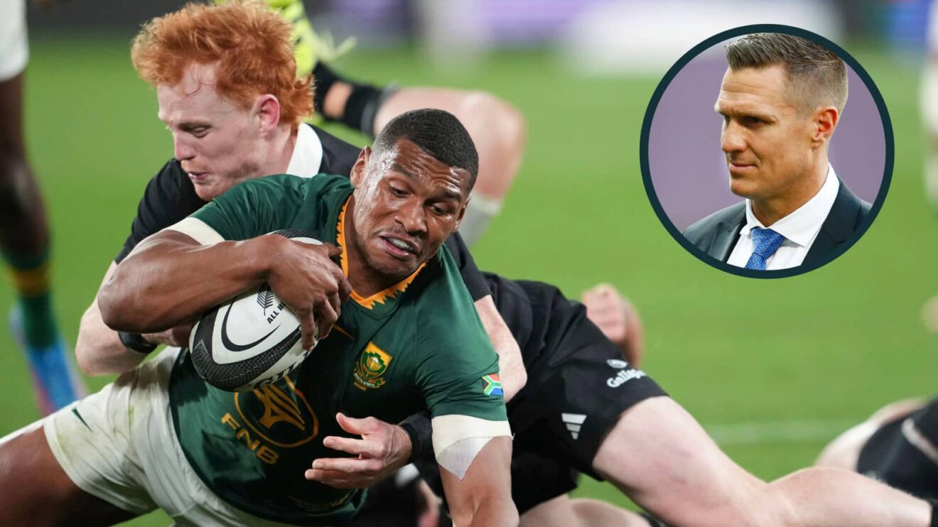 Springboks' Damian Willemse is tackled by All Blacks' Finlay Christie and an inset of Jean de Villiers.